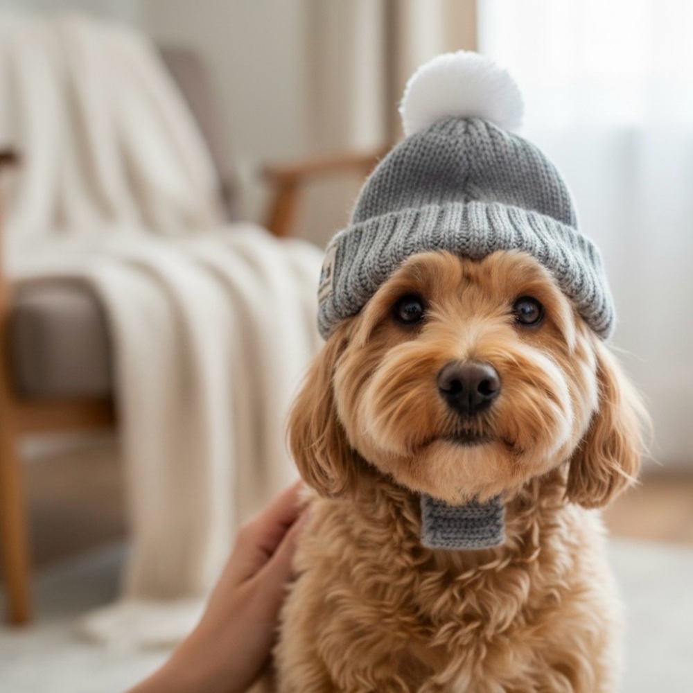 HAPPY DOOOOOG Soft Knit Dog Hat w/Pom Trim, Ear Holes + Chin Strap in Grey - NWT - Picture 8 of 13